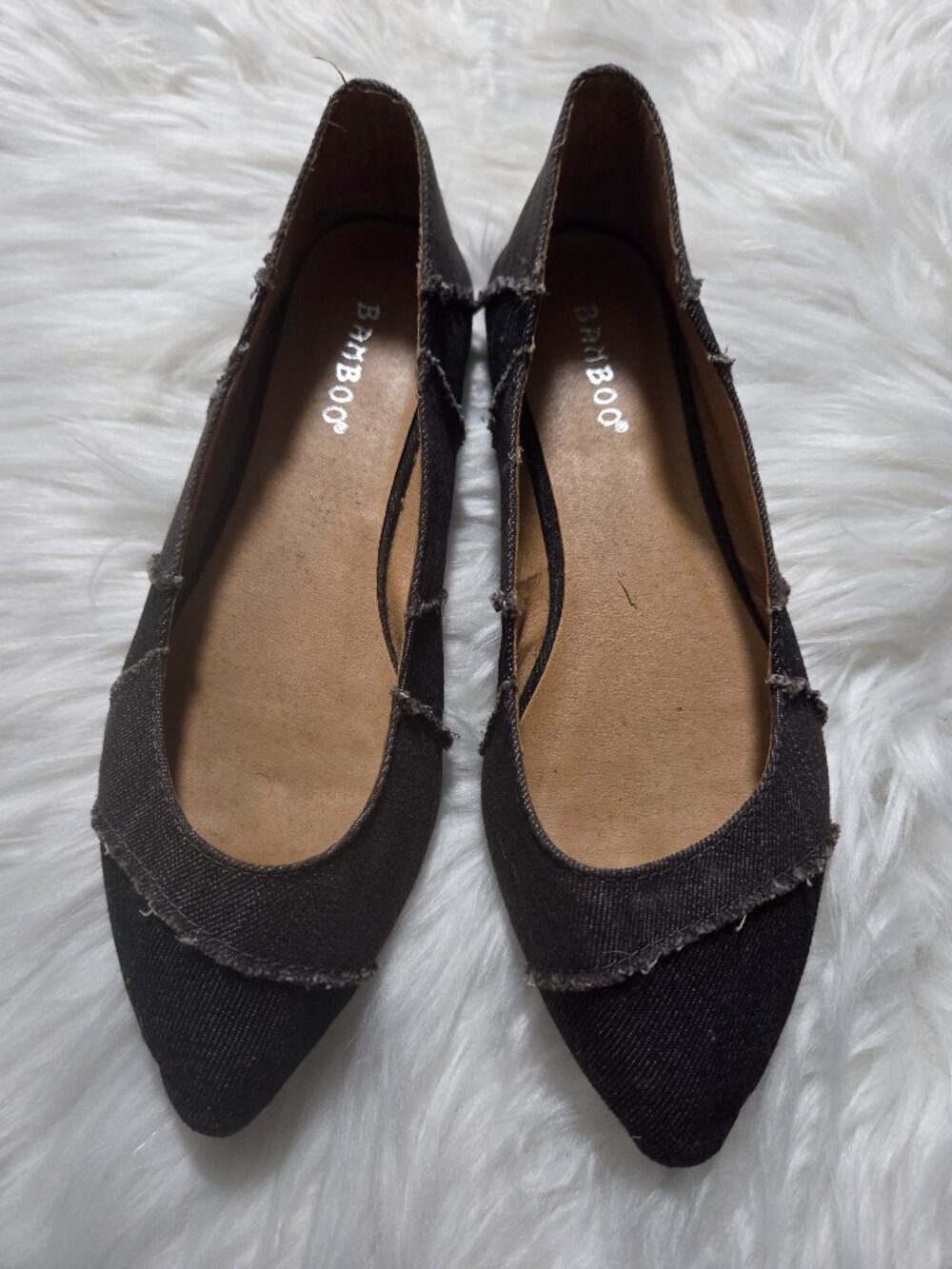 Bamboo Distressed Black/Gray Denim Flats